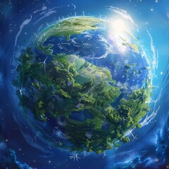 Fototapeta premium Sustainable Earth with Renewable Energy in Cosmic Setting