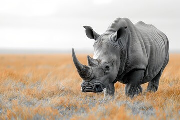 Obraz premium A Northern white rhinoceros grazing in a grassy savannah, its massive, grey body and prominent horn highlighted against the golden landscape.