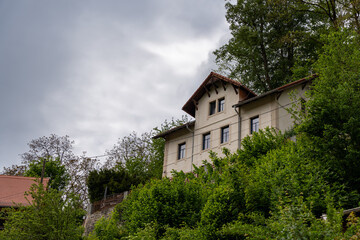 Fototapeta premium A house with a slanted roof is on a hill. The house is surrounded by trees and bushes