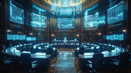 Futuristic conference room with high-tech holographic displays in a dimly lit, modern corporate or governmental setting.