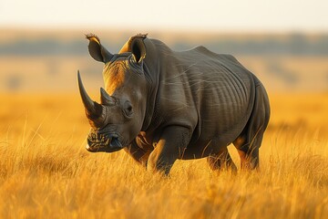Obraz premium A Northern white rhinoceros grazing in a grassy savannah, its massive, grey body and prominent horn highlighted against the golden landscape.
