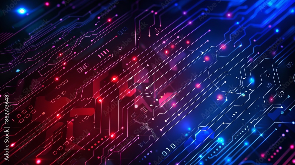 Poster futuristic circuit board with glowing dots in red and blue. high-tech digital design perfect for tec
