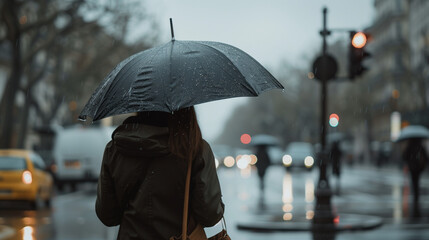 On a rainy day, a person holds an umbrella to provide shelter from the wet weather. This image shows the contrast between the strength of nature and human determination.