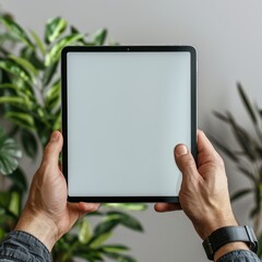 A person is holding a tablet with a blank screen