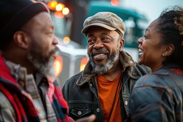 Obraz premium Three friends share a hearty laugh during a lively conversation near trucks in an open environment, showcasing happiness, friendship, and a sense of freedom outdoors.