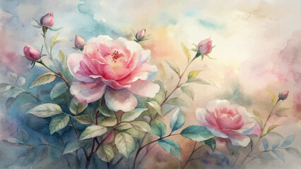 Tranquil wild rose bush watercolor background