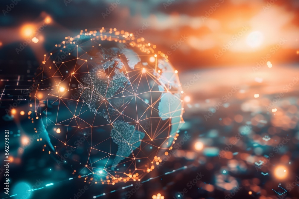 Poster digital globe connected by luminous lines, representing a global network concept