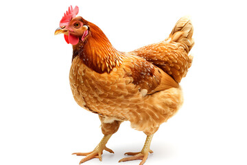 Fototapeta premium A chicken with a red comb stands on a white background