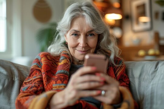 An older woman with gray hair sits comfortably on a couch, using her smartphone, wrapped in an intricate-patterned shawl, illustrating modern connectivity and relaxation.