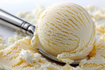 A scoop of ice cream is sitting on a white plate