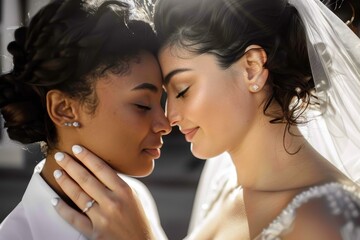 A beautiful wedding moment featuring two brides in white dresses sharing an intimate and tender moment. The image captures the essence of love, unity, and commitment.