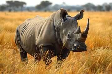 Obraz premium A Northern white rhinoceros grazing in a grassy savannah, its massive, grey body and prominent horn highlighted against the golden landscape.