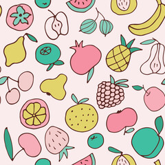 delicious juicy fruits seamless pattern. Bright seamless background for your design. Wrapping paper, textiles, wallpaper. Healthy food. Food doodle. Vector illustration.