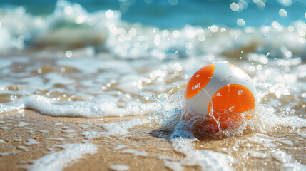 Obraz premium A cheerful background with a beach ball, perfect for summer bathing and playing in the water. Its vivid colors and lightness symbolize the joy of children playing on the beach.