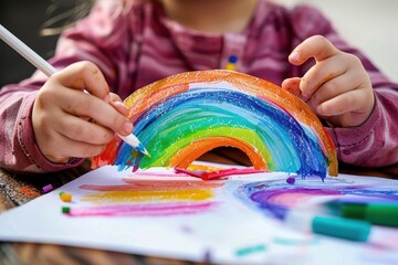 Naklejka premium A young artist coloring a rainbow with crayons on paper, showcasing the creativity and vibrant imagination of childhood. The image is full of colors and joy.