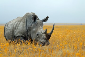 Obraz premium A Northern white rhinoceros grazing in a grassy savannah, its massive, grey body and prominent horn highlighted against the golden landscape.