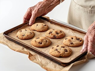 A person is holding a tray of cookies on a table