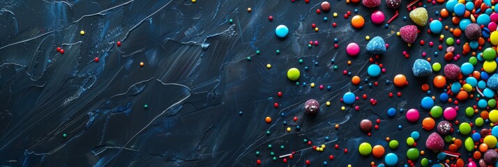 Birthday concept. Colorful assorted sweet candies on background, banner, top view