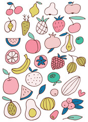 delicious juicy fruits set. Images of fruits isolated. Healthy food. Food doodle. Vector illustration.