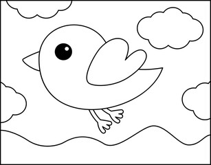 Coloring page. Little bird is flying in the sky. Black and white nestling. Vector