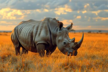 Obraz premium A Northern white rhinoceros grazing in a grassy savannah, its massive, grey body and prominent horn highlighted against the golden landscape.