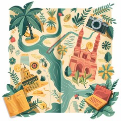 A map of a tropical island with a book, a camera, and a laptop on it