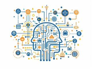 A colorful drawing of a head with many wires and gadgets