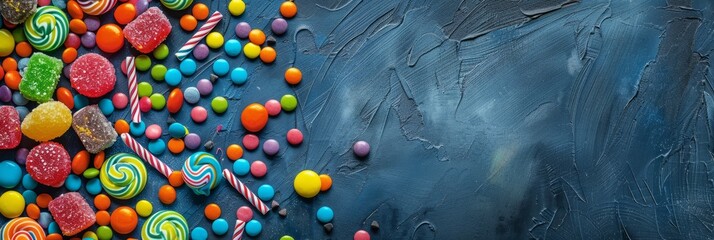 Birthday concept. Colorful assorted sweet candies on background, banner, top view