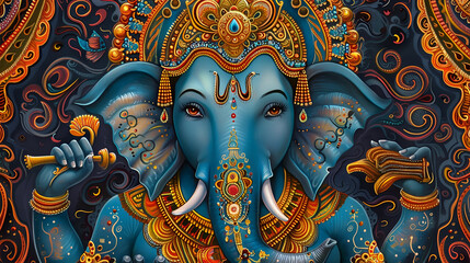 A vibrant and colorful artwork of Lord Ganesh, with intricate patterns and designs