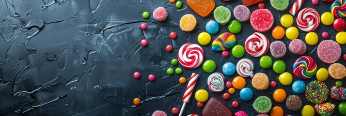 Birthday concept. Colorful assorted sweet candies on background, banner, top view