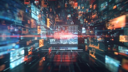 Obraz premium Futuristic data user interface displayed on a laptop in a dark cyberspace environment with streaking data movement