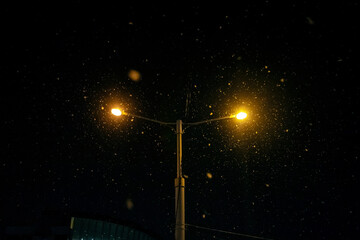 At night, a street light illuminates the snowfall
