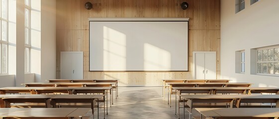 A large empty classroom with wooden desks and chairs