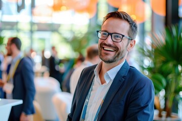Fototapeta premium A smiling businessman engages in friendly banter with software developers and tech industry leaders at a digital innovation conference, exuding fostering genuine connections.