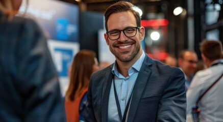 Obraz premium A smiling businessman engages in friendly banter with software developers and tech industry leaders at a digital innovation conference, exuding fostering genuine connections.