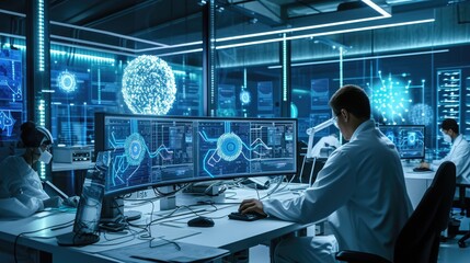 Scientists in a lab are using display devices and engineering to work on computers, exploring fonts and electric blue. They also share entertainment and art, while dealing with darkness in their job