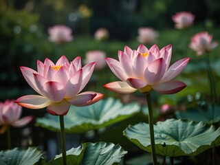 Two blossoming pink lotus flowers in a pond, bathed in sunlight. Concepts. zen, purity, serenity, beauty, nature, peace.