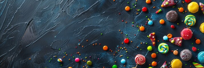 Birthday concept. Colorful assorted sweet candies on background, banner, top view