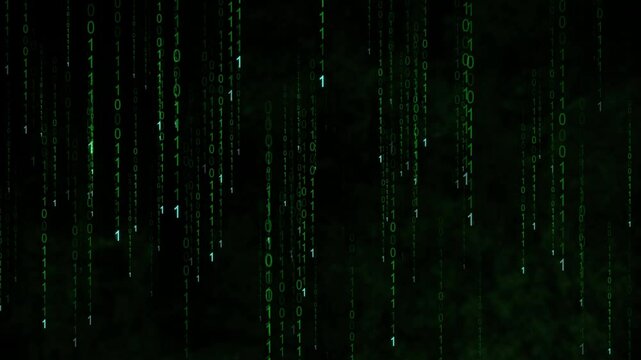 Cyber security concept - running strings of 0 and 1 fall from top to bottom in data matrix created in cyberspace with blue glow. Flow of digital data in a datacenter.