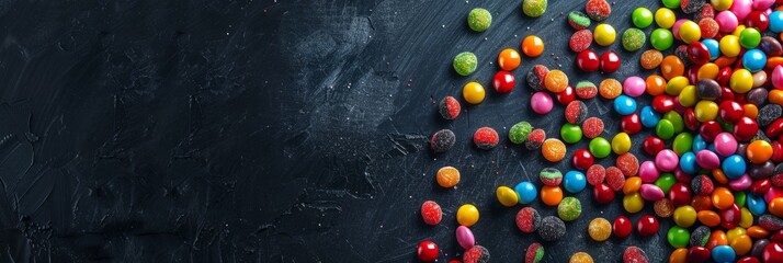 Birthday concept. Colorful assorted sweet candies on background, banner, top view