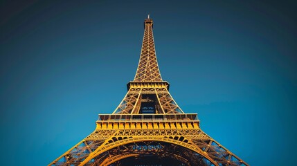 A stunning view of the Eiffel Tower against a blue sky. This stock photo captures the architectural elegance of Paris. Perfect for travel, architecture, and design content. AI