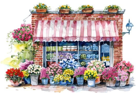 Illustration of cute bakery with a brick exterior and colorful flowers in watercolor style