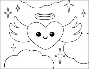 Coloring page. Angel heart in the sky. Black and white flying heart. Vector.