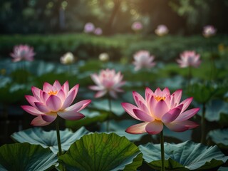 Obraz premium Beautiful pink lotus flowers blooming in a pond, symbol of purity, enlightenment, and spiritual awakening. Ideal for nature, zen, and meditation themes.