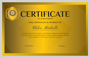 Elegant black and gold blue diploma certificate template with luxury badge and modern line pattern. For award, business, and education needs. Use for print, certificate, diploma, graduation