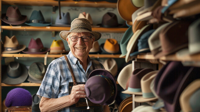 Senior man in hat shop. - Powered by Adobe