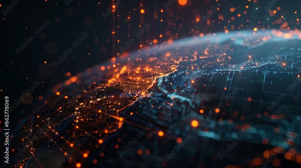 Poster futuristic earth with digital network. global connections and technology concept. high-tech style sh