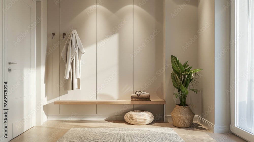 Poster a sleek coat rack with a minimal design and a simple background, enhancing any entryway.