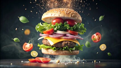 Hamburger with meat, cheese and vegetables, close-up. AI generated