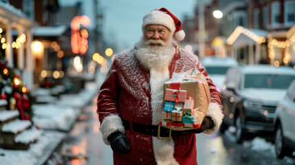 Santa Claus Holding Gifts on Snowy Street with Christmas Lights